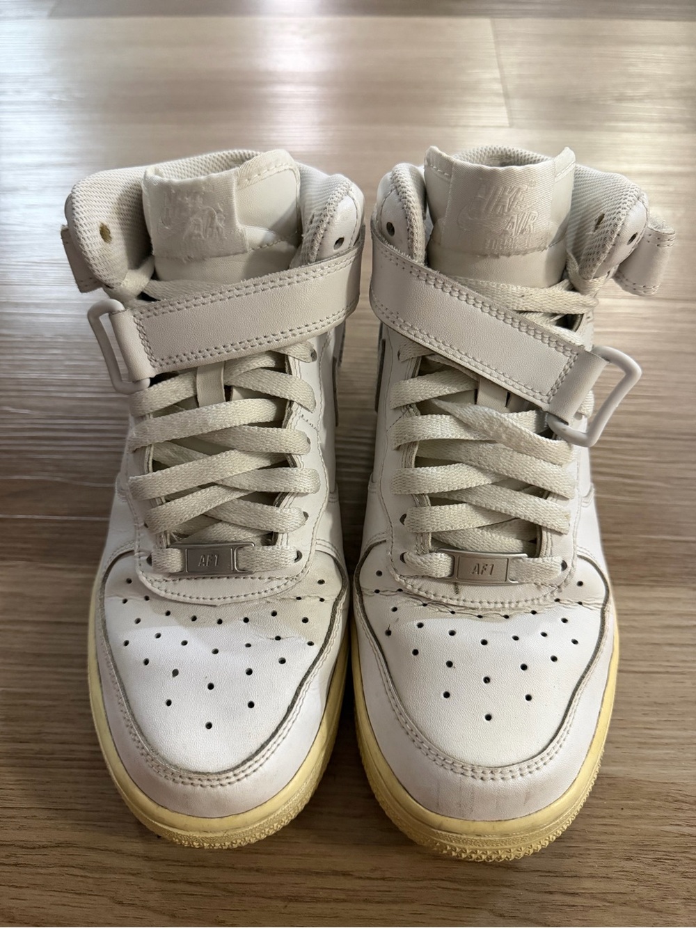 Nike AF1 White High-Top Sneakers with Aged Yellow Sole